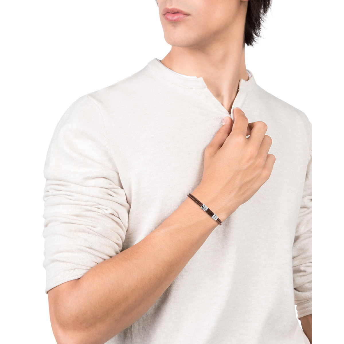 PULSERA PIEL DOBLE TRENZADA FINA Y ACERO - 6456P01011